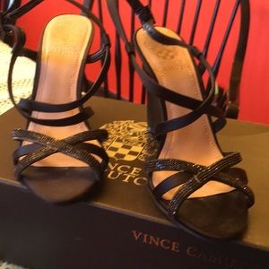 Vince camuto black satin dress wedge